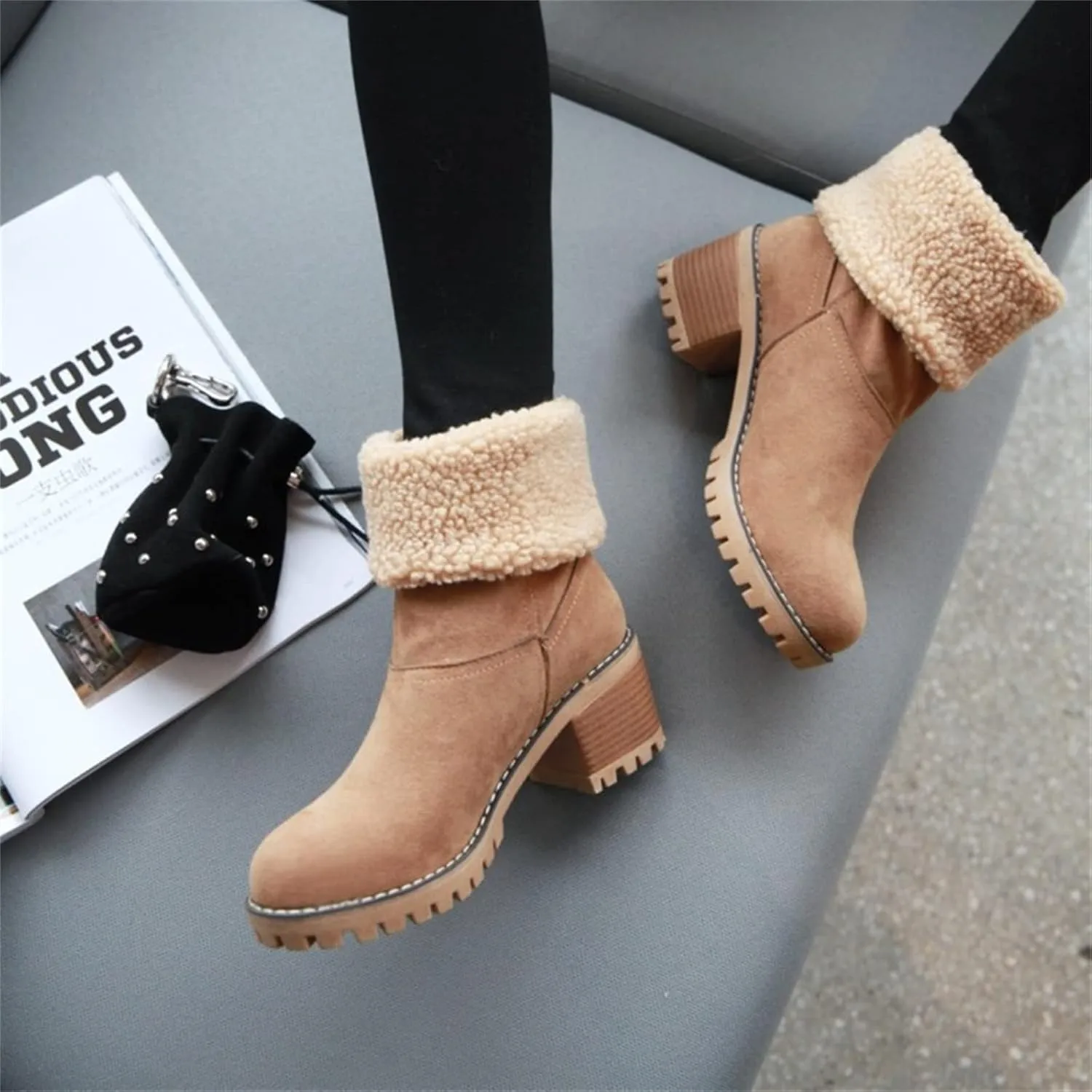 Ladmiple Snow Boots For Women 2023 Trendy Winter Warm Mid Calf Ankle Booties Slip On Fur Lined Fashion Casual Walking Shoes
