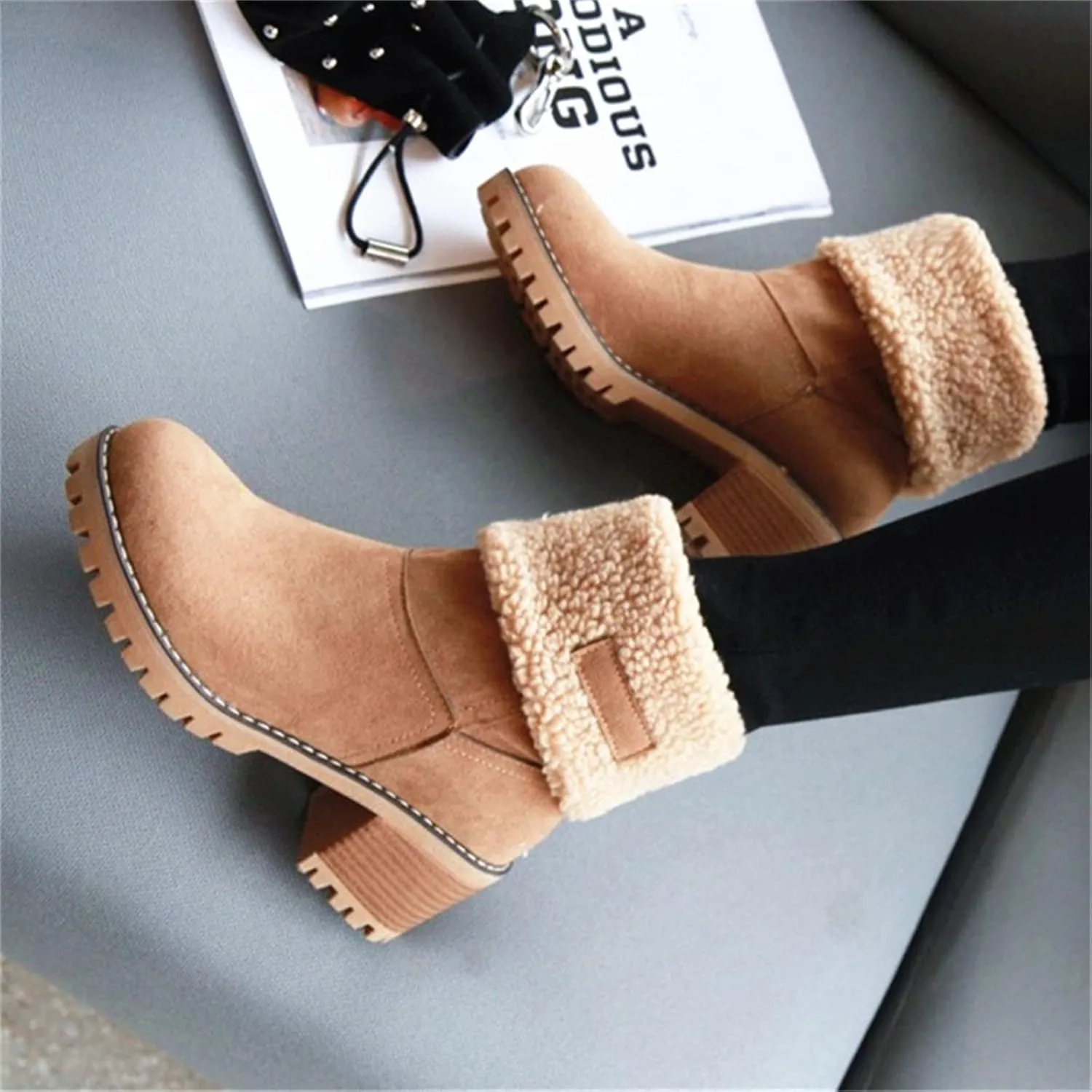 Ladmiple Snow Boots For Women 2023 Trendy Winter Warm Mid Calf Ankle Booties Slip On Fur Lined Fashion Casual Walking Shoes