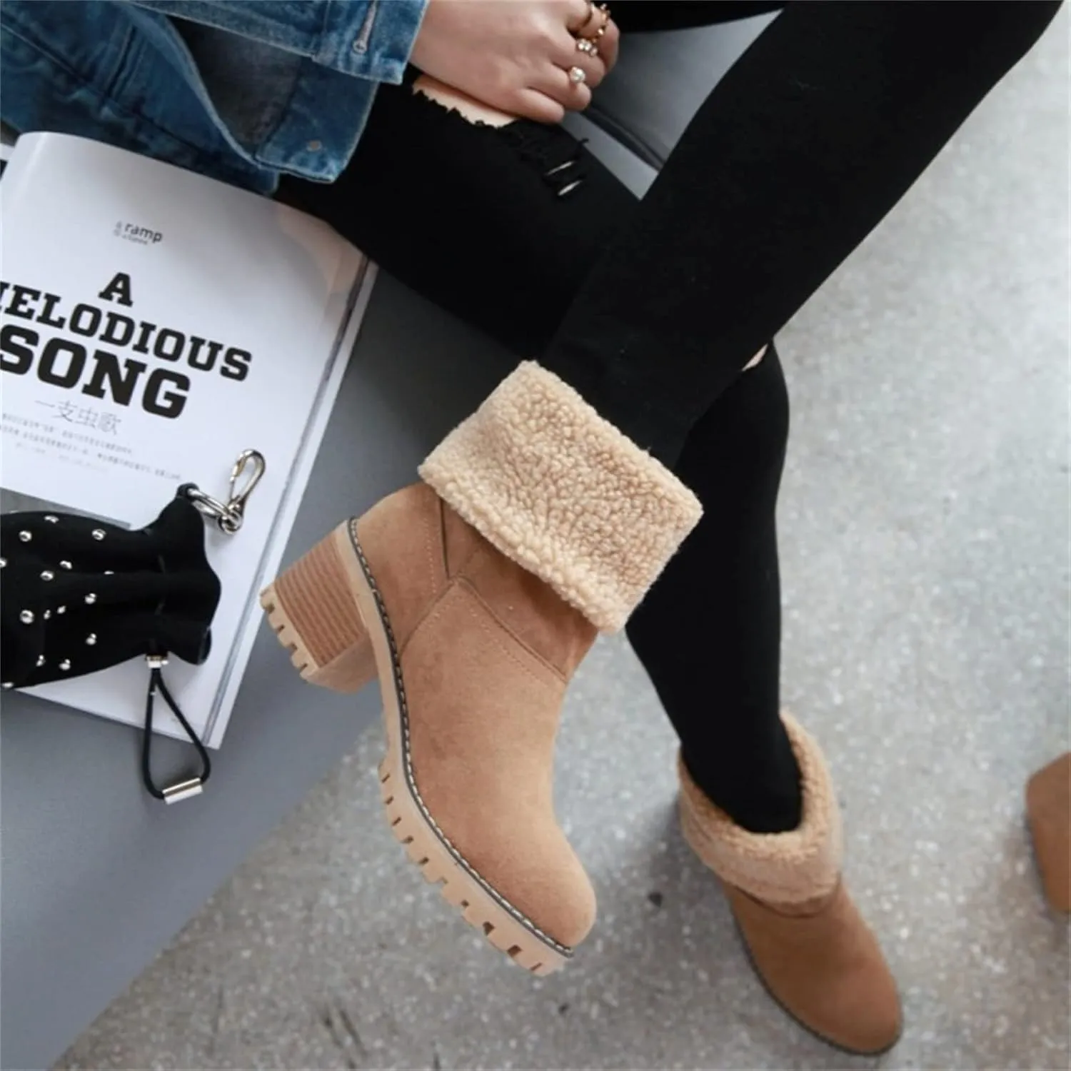 Ladmiple Snow Boots For Women 2023 Trendy Winter Warm Mid Calf Ankle Booties Slip On Fur Lined Fashion Casual Walking Shoes