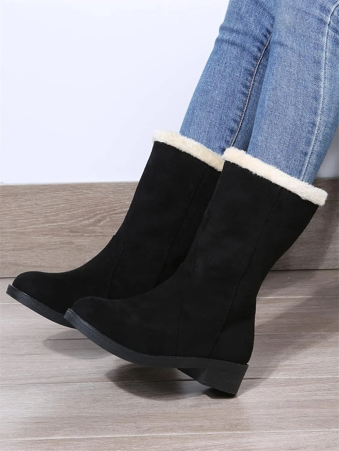 Ladmiple Winter Boots For Women Tall Mid Calf Snow Boots Warm Comfortable Slip On Outdoor Fur Lined Lining Walking Shoes