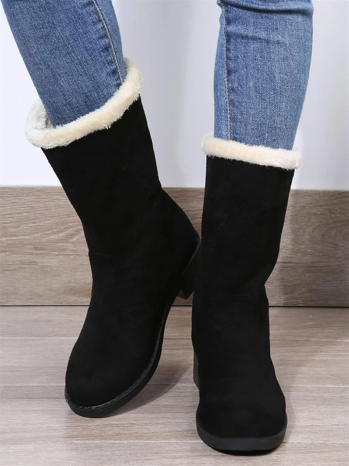 Ladmiple Winter Boots For Women Tall Mid Calf Snow Boots Warm Comfortable Slip On Outdoor Fur Lined Lining Walking Shoes