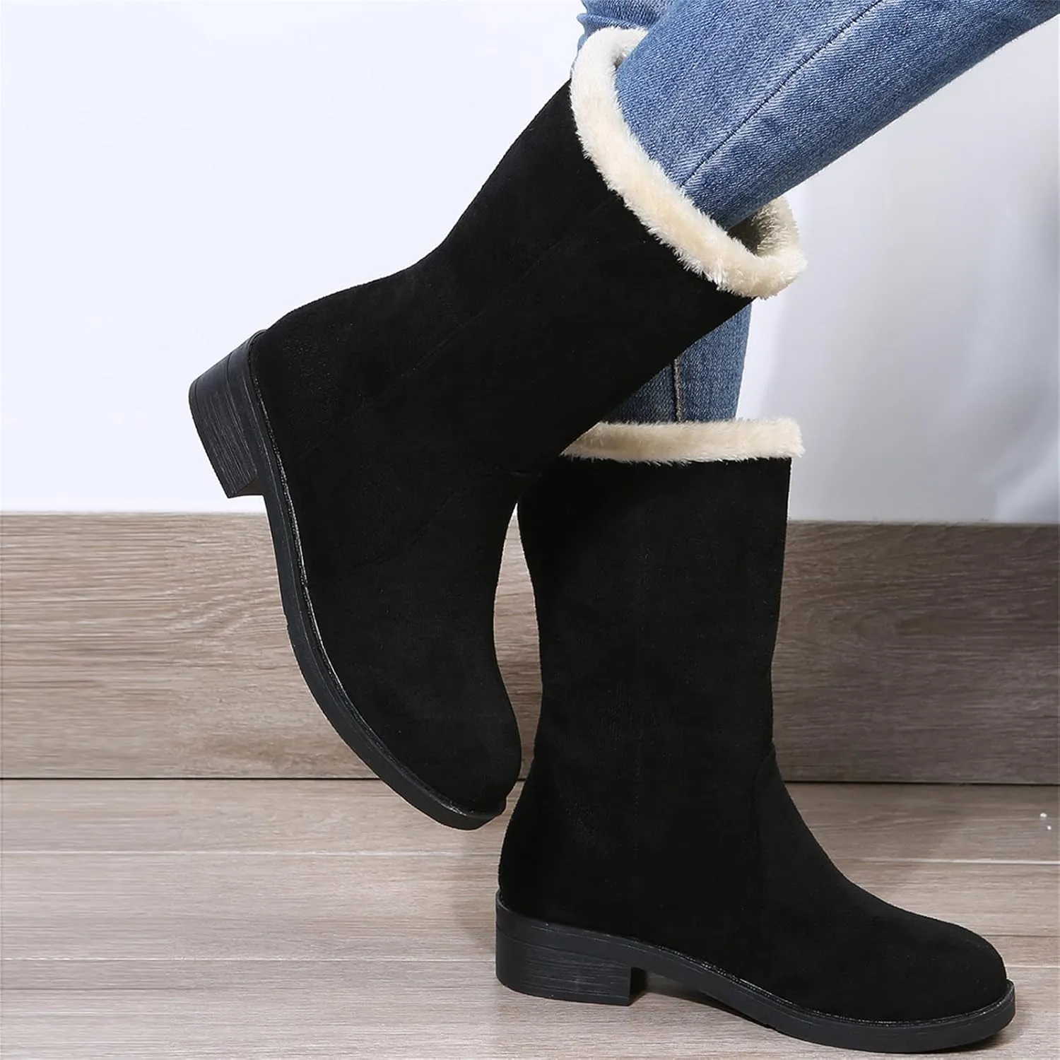 Ladmiple Winter Boots For Women Tall Mid Calf Snow Boots Warm Comfortable Slip On Outdoor Fur Lined Lining Walking Shoes