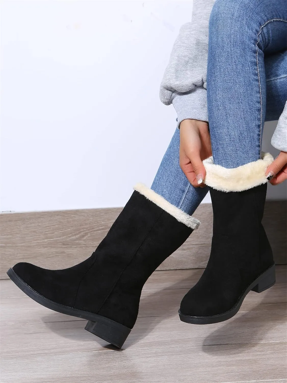 Ladmiple Winter Boots For Women Tall Mid Calf Snow Boots Warm Comfortable Slip On Outdoor Fur Lined Lining Walking Shoes