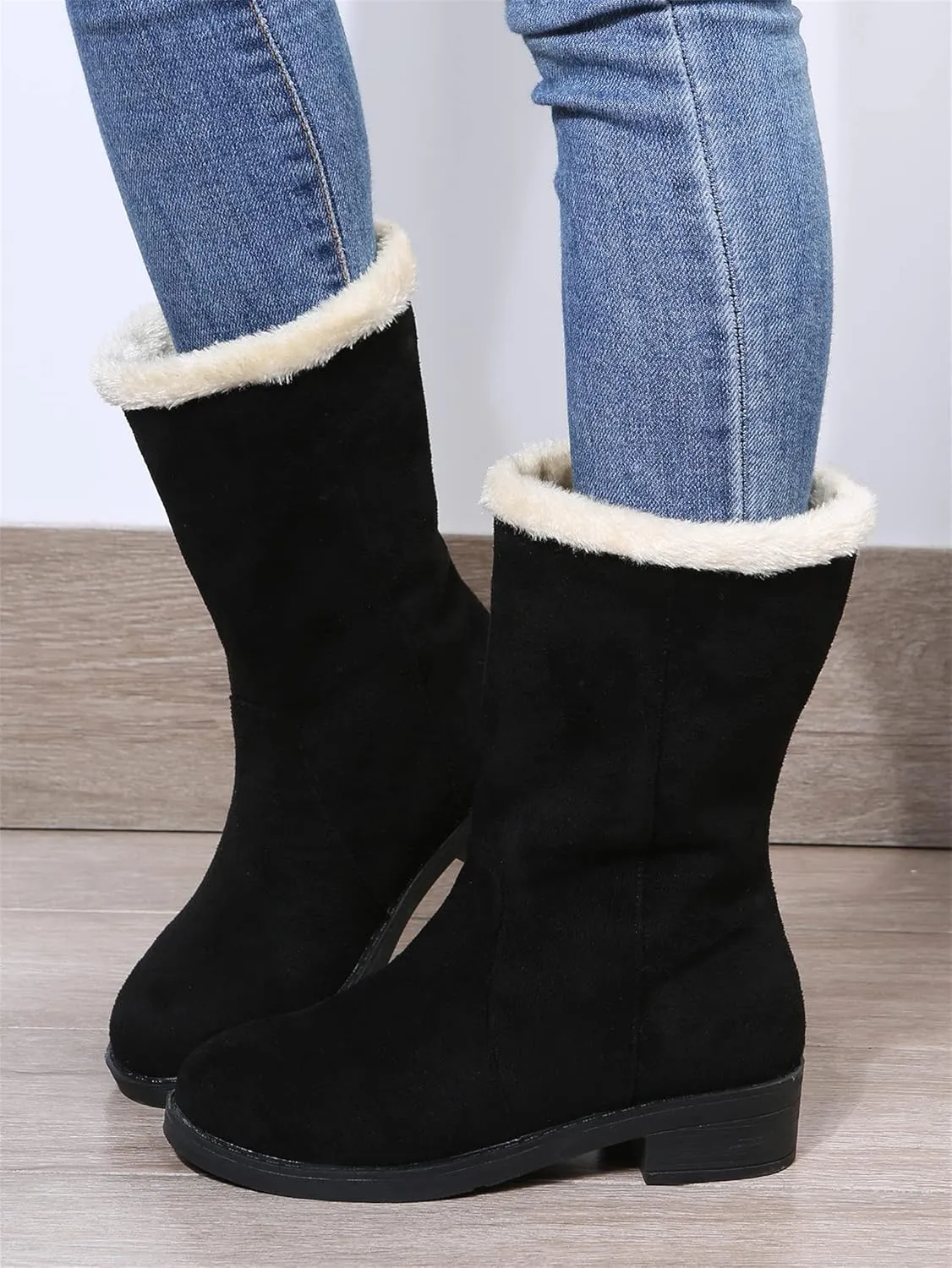 Ladmiple Winter Boots For Women Tall Mid Calf Snow Boots Warm Comfortable Slip On Outdoor Fur Lined Lining Walking Shoes
