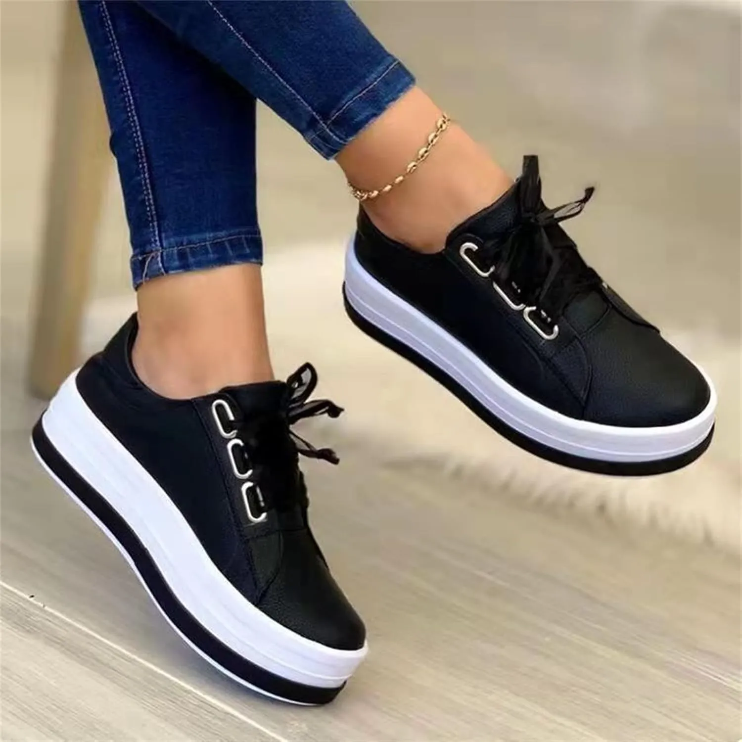 Lausiuoe Shoes for Women Sneakers Trendy Comfortable Casual Fashion Sneakers Leather Walking Shoes Slip On Flat Loafers