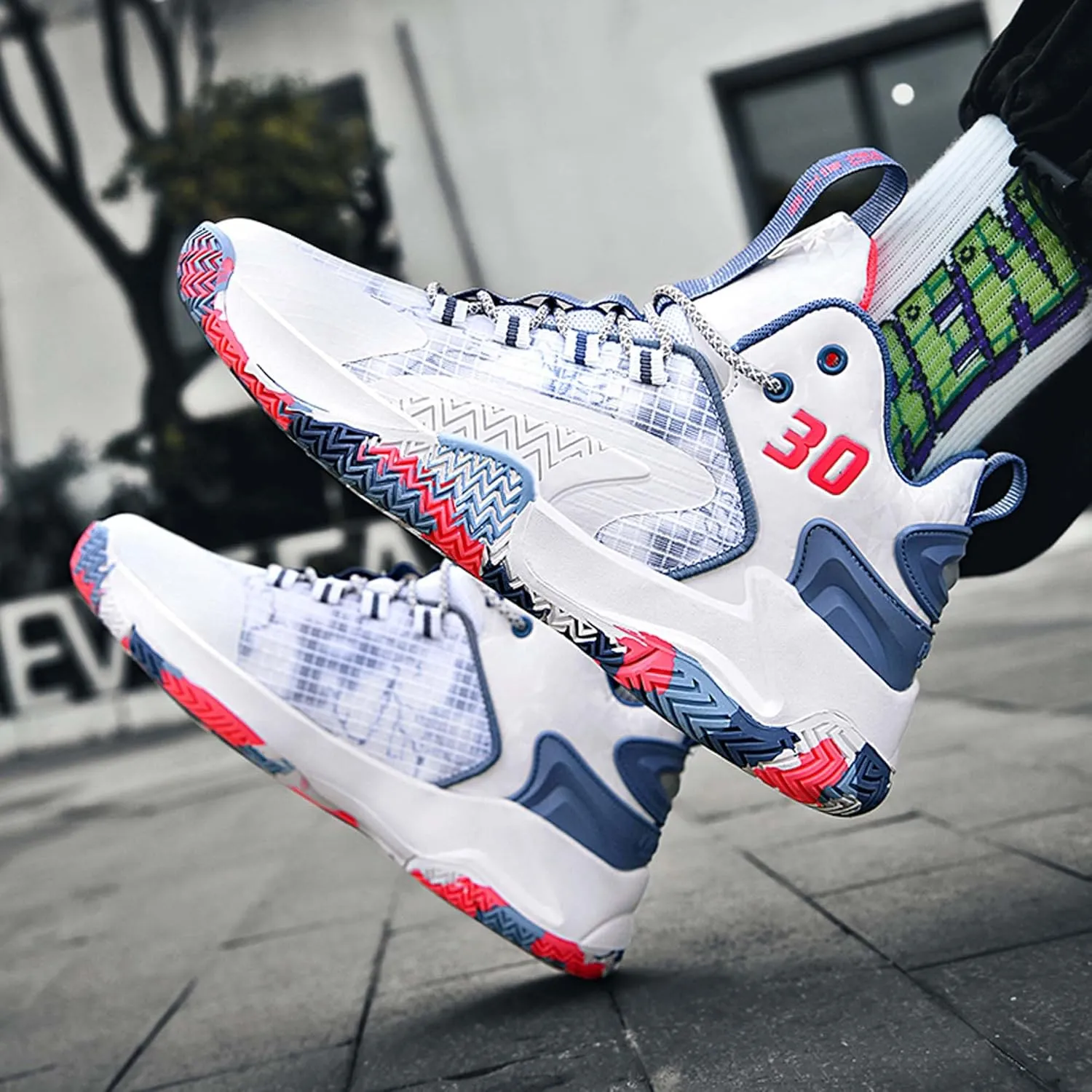 Mens and Womens White Lace Up Basketball Shoes Rubber Soles Tennis Sports Shoes High Elasticity Running Shoes Anti Slip and Wear Resistant Scenic Spots Tourist Shoes Shot Put Table Tennis
