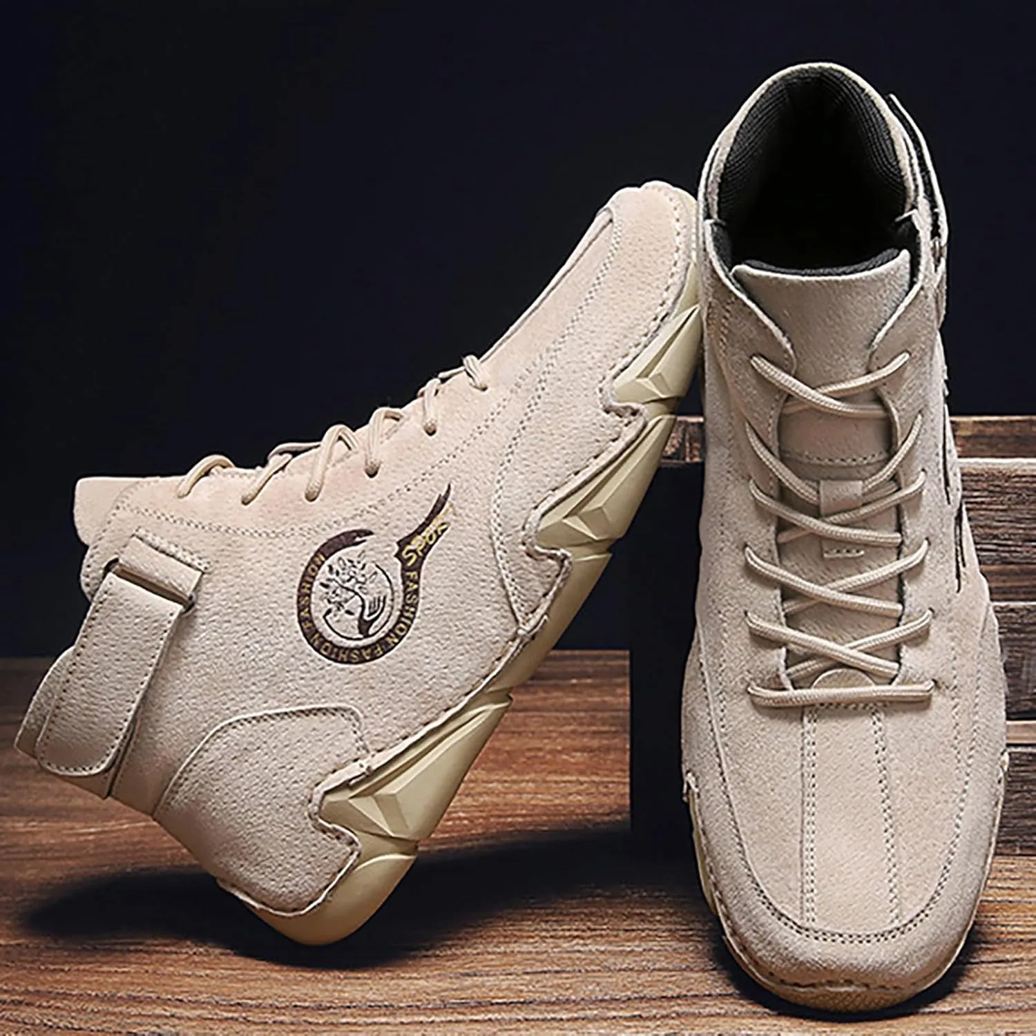 Men's Athletic Running Shoes High Top Hook Loop Short Boots Suede Lace Up Shoes Arch Support Plantar Sneaker