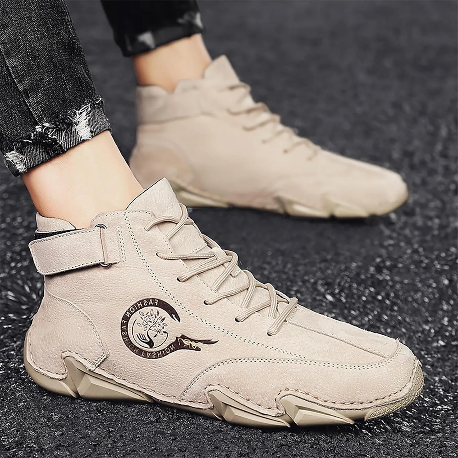 Men's Athletic Running Shoes High Top Hook Loop Short Boots Suede Lace Up Shoes Arch Support Plantar Sneaker