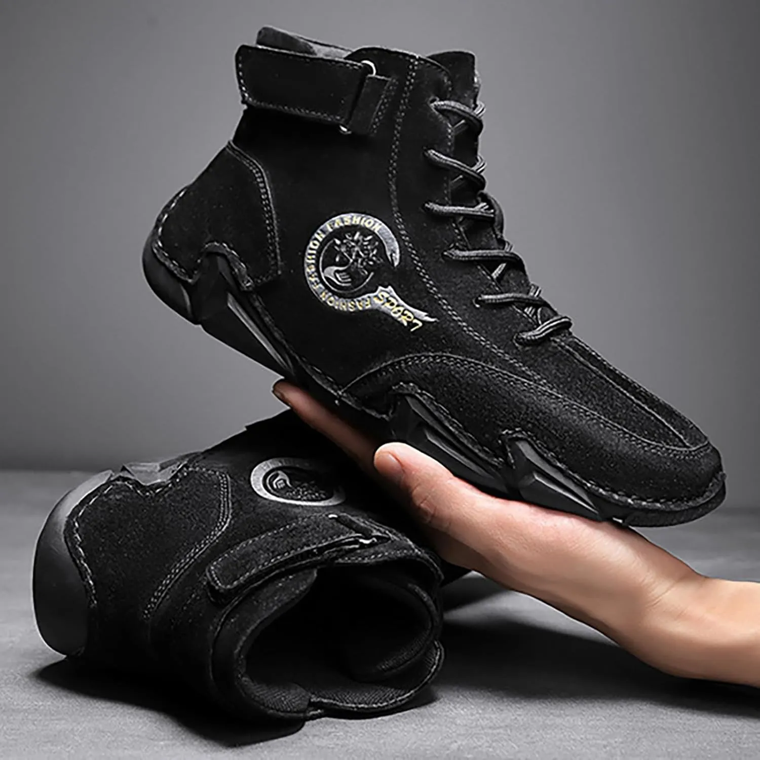 Men's Athletic Running Shoes High Top Hook Loop Short Boots Suede Lace Up Shoes Arch Support Plantar Sneaker