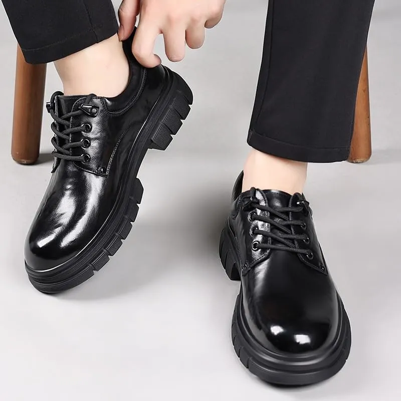 Mens Big Head Derby Shoes British Style Platform Lace-up Small Leather Shoes for Wedding Prom Business