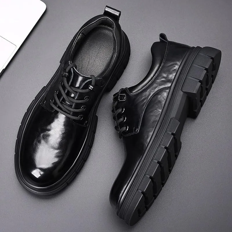 Mens Big Head Derby Shoes British Style Platform Lace-up Small Leather Shoes for Wedding Prom Business