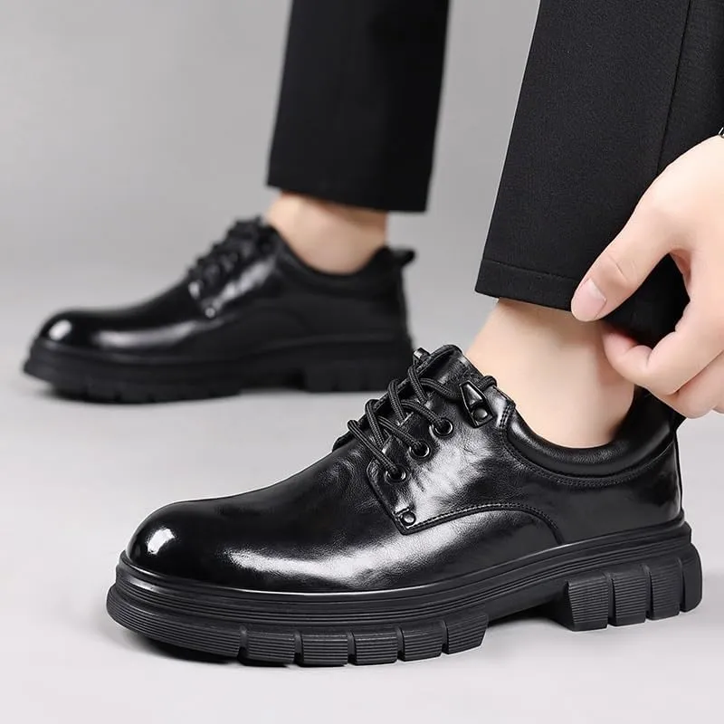 Mens Big Head Derby Shoes British Style Platform Lace-up Small Leather Shoes for Wedding Prom Business