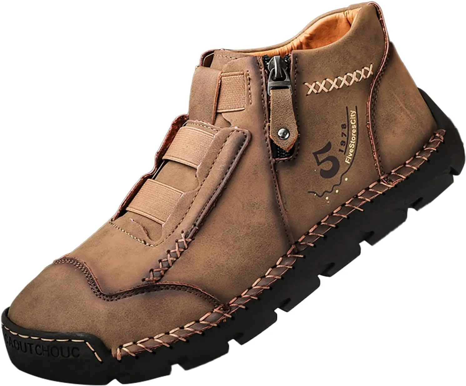Men's British Large Casual Leather Foreign Trade Zipper Sports Shoes Sneaker Rack for Men (Khaki, 7.5)