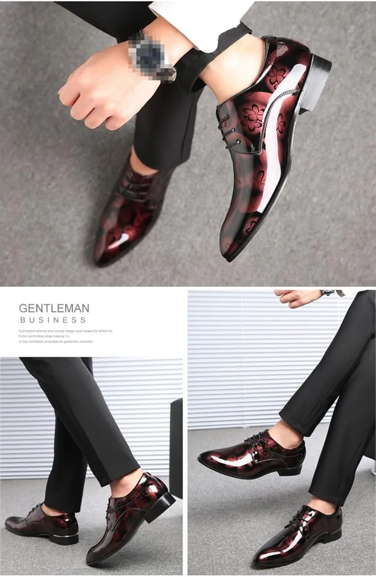 Mens Fashion Floral Patent Leather Tuxedo Oxfords Pointed Toe Shiny Flat Lace Up Formal Business Shoes for Men