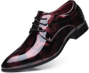 Mens Fashion Floral Patent Leather Tuxedo Oxfords Pointed Toe Shiny Flat Lace Up Formal Business Shoes for Men