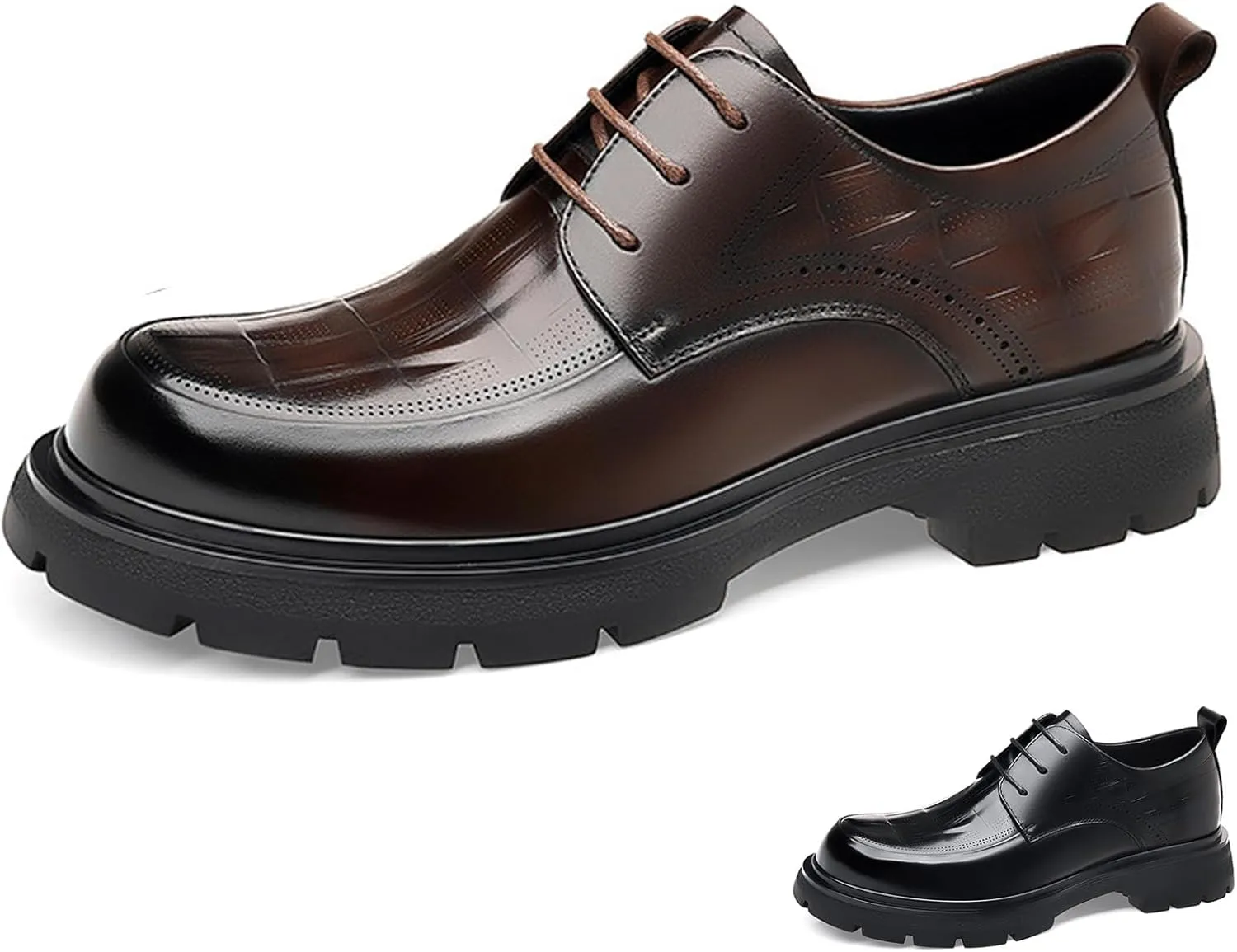 Men's Genuine Leather Round Toe Platform Chunky Heel Brogue Oxfords Retro Classic Hand Stitched Non-Slip Lug Sole Lace Up Block Heel Business Dress Oxfords for Work Office Wedding