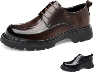 Men's Genuine Leather Round Toe Platform Chunky Heel Brogue Oxfords Retro Classic Hand Stitched Non-Slip Lug Sole Lace Up Block Heel Business Dress Oxfords for Work Office Wedding