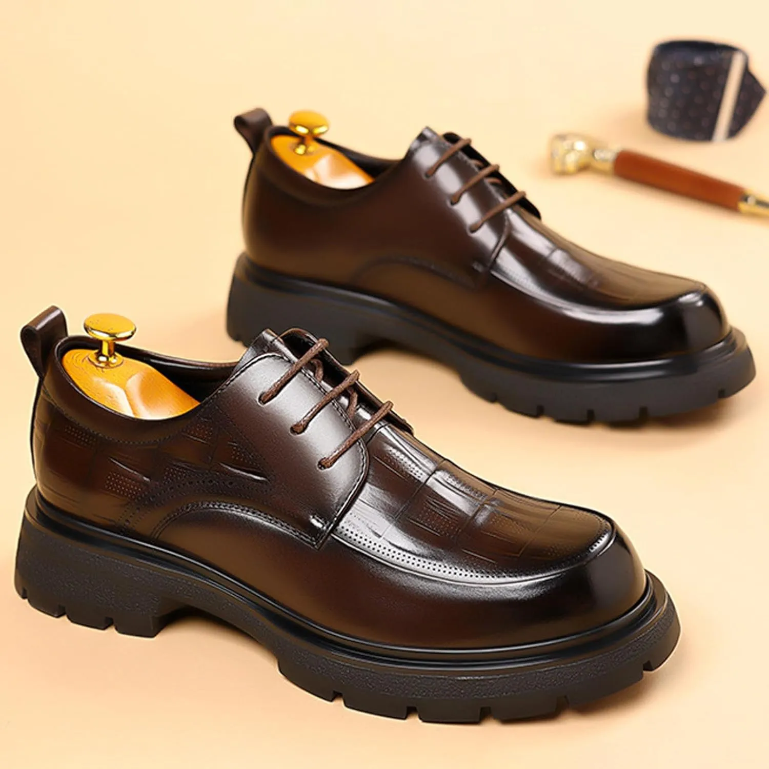 Men's Genuine Leather Round Toe Platform Chunky Heel Brogue Oxfords Retro Classic Hand Stitched Non-Slip Lug Sole Lace Up Block Heel Business Dress Oxfords for Work Office Wedding