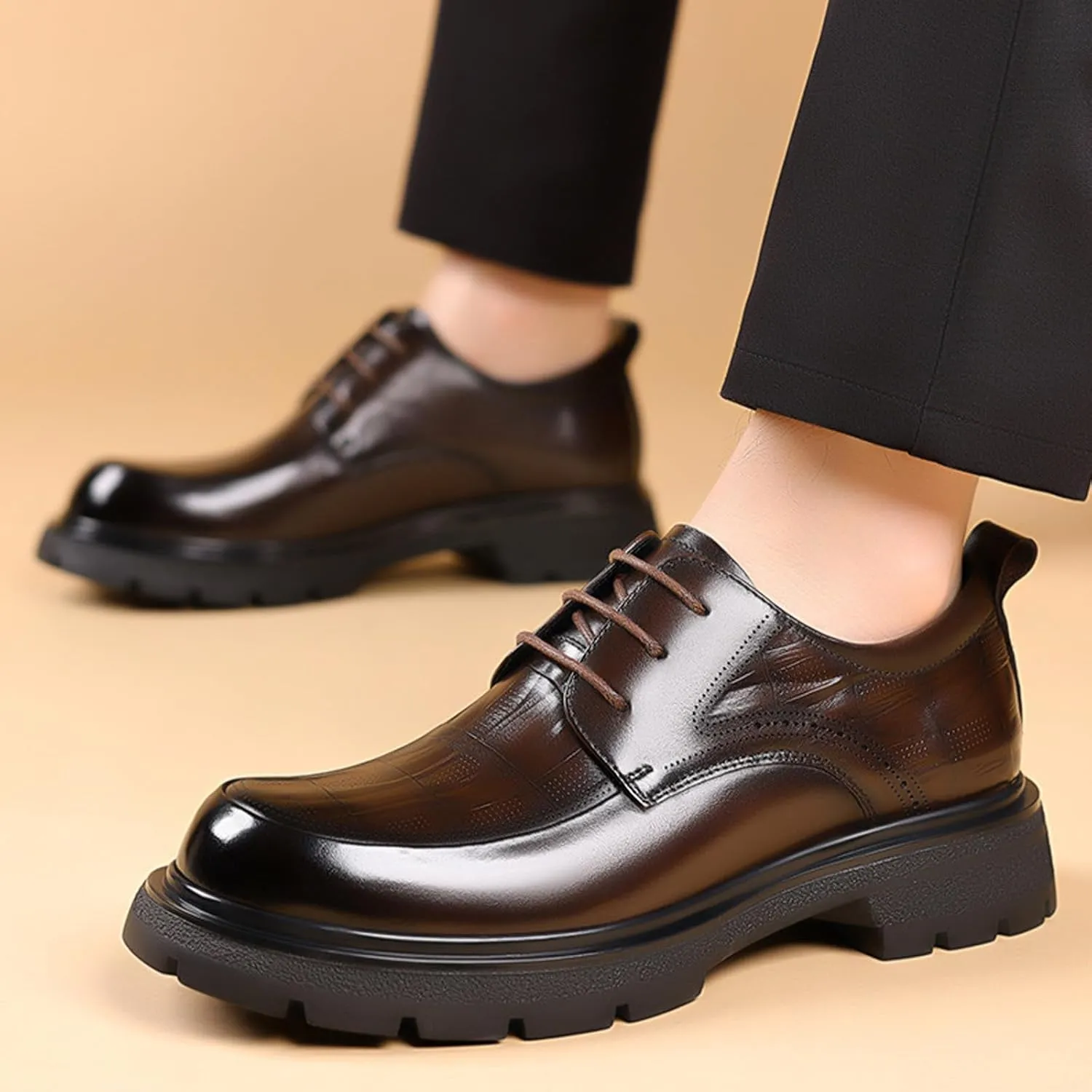 Men's Genuine Leather Round Toe Platform Chunky Heel Brogue Oxfords Retro Classic Hand Stitched Non-Slip Lug Sole Lace Up Block Heel Business Dress Oxfords for Work Office Wedding