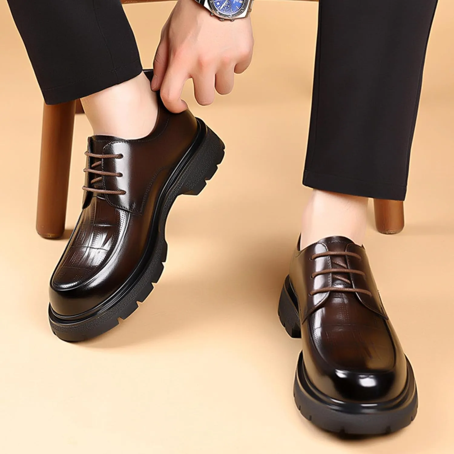 Men's Genuine Leather Round Toe Platform Chunky Heel Brogue Oxfords Retro Classic Hand Stitched Non-Slip Lug Sole Lace Up Block Heel Business Dress Oxfords for Work Office Wedding