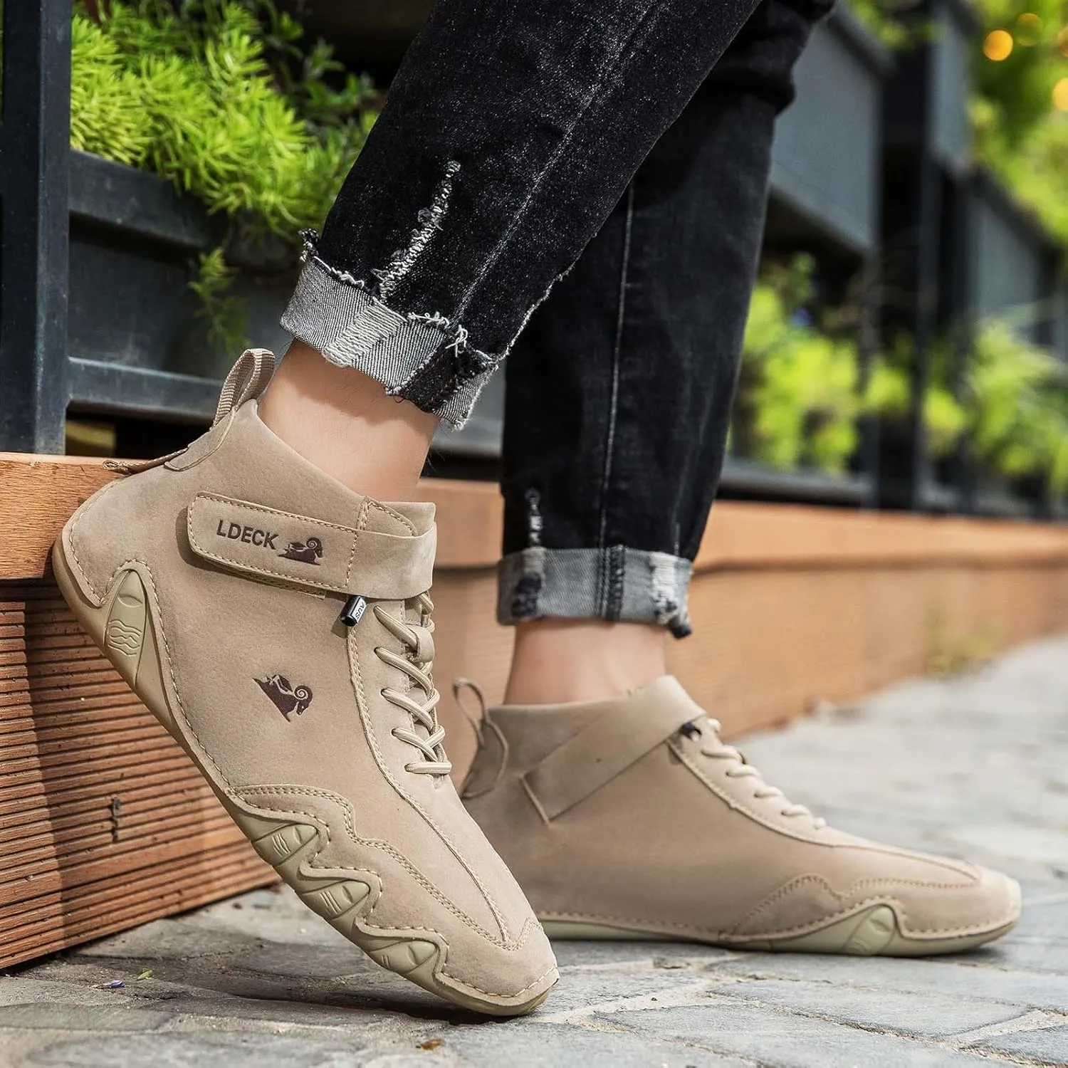 Men's Walking Shoes Trendy High Top Sneakers Hook and Loop Barefoot Shoes Soft Flat Soled Hiking Sneaker
