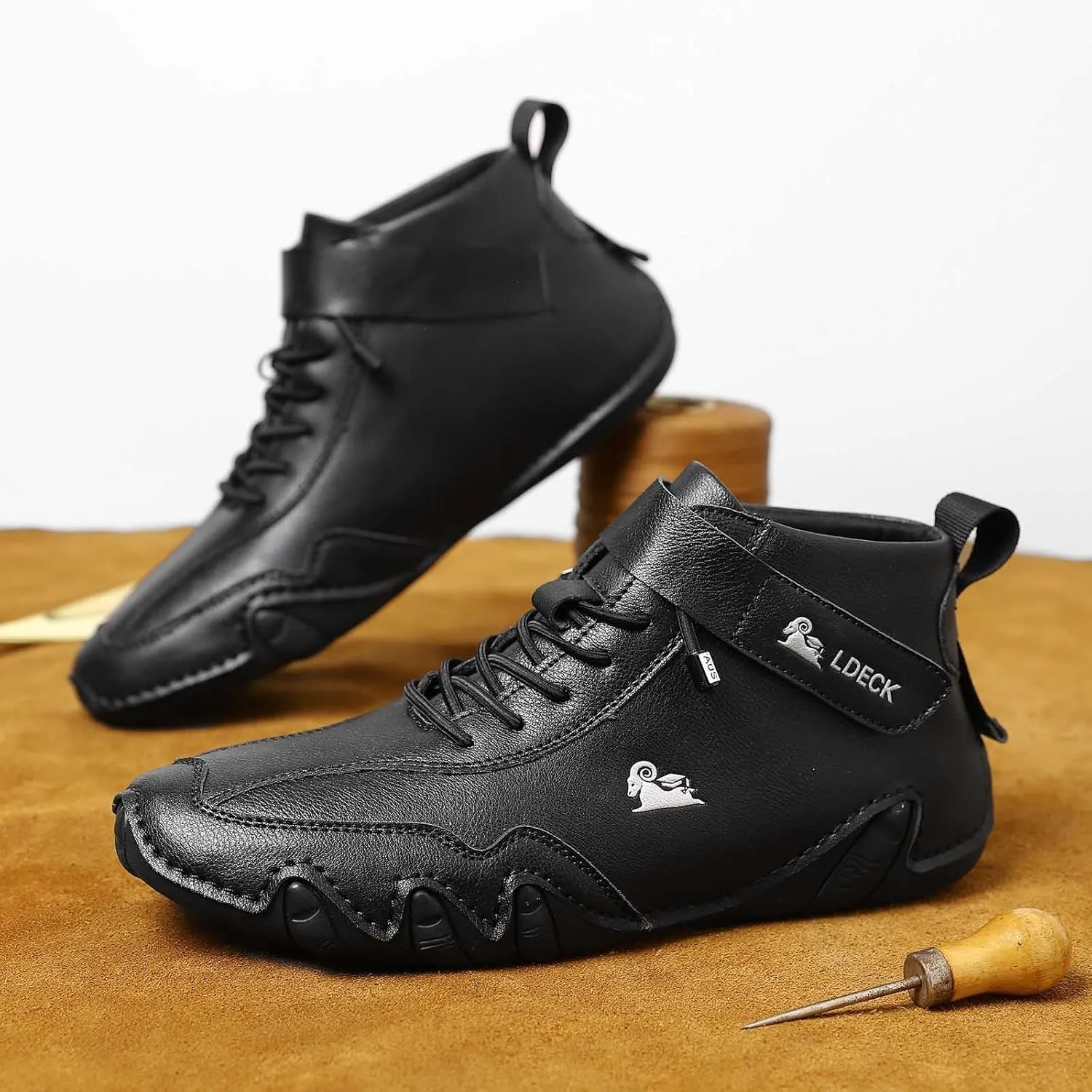 Men's Walking Shoes Trendy High Top Sneakers Hook and Loop Barefoot Shoes Soft Flat Soled Hiking Sneaker