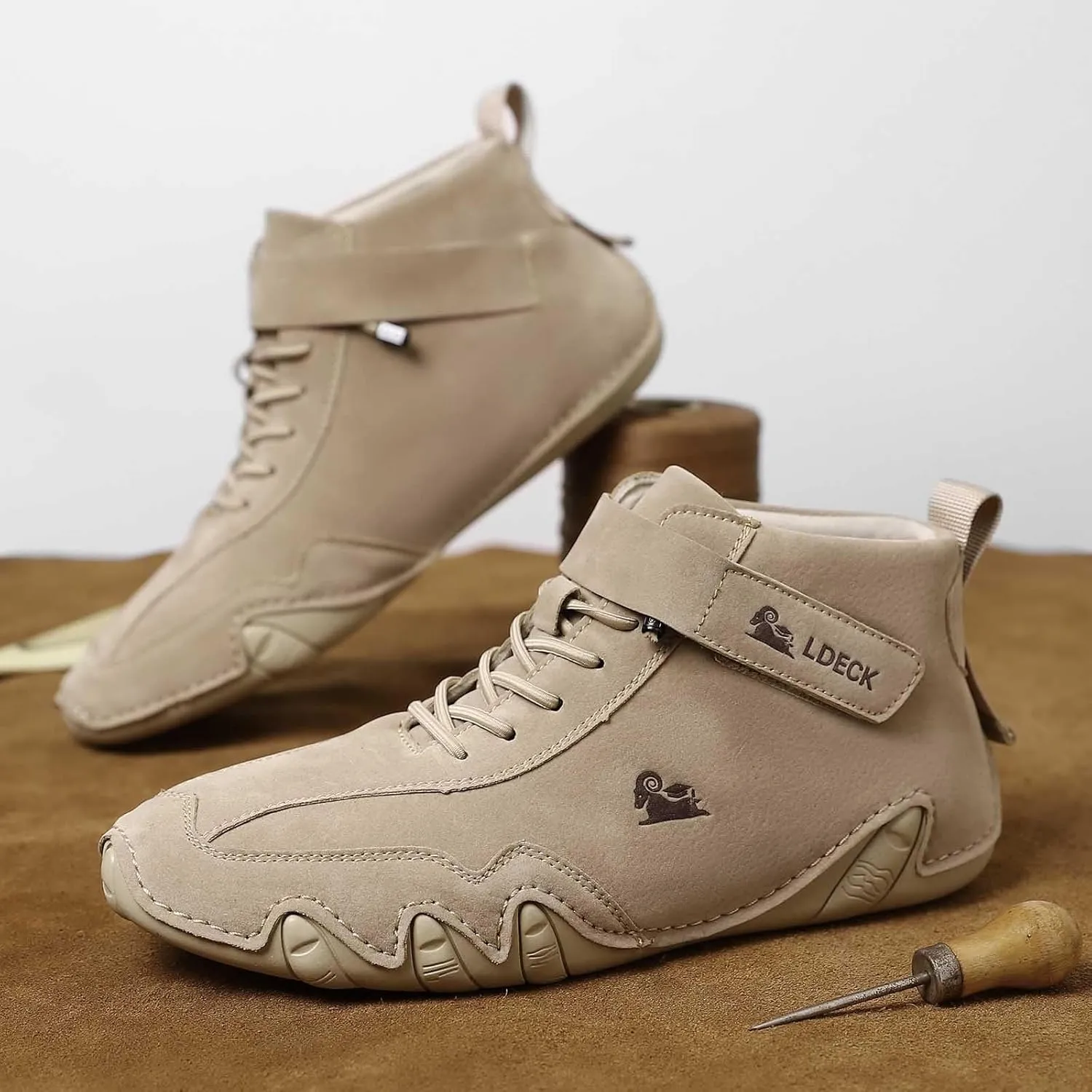 Men's Walking Shoes Trendy High Top Sneakers Hook and Loop Barefoot Shoes Soft Flat Soled Hiking Sneaker