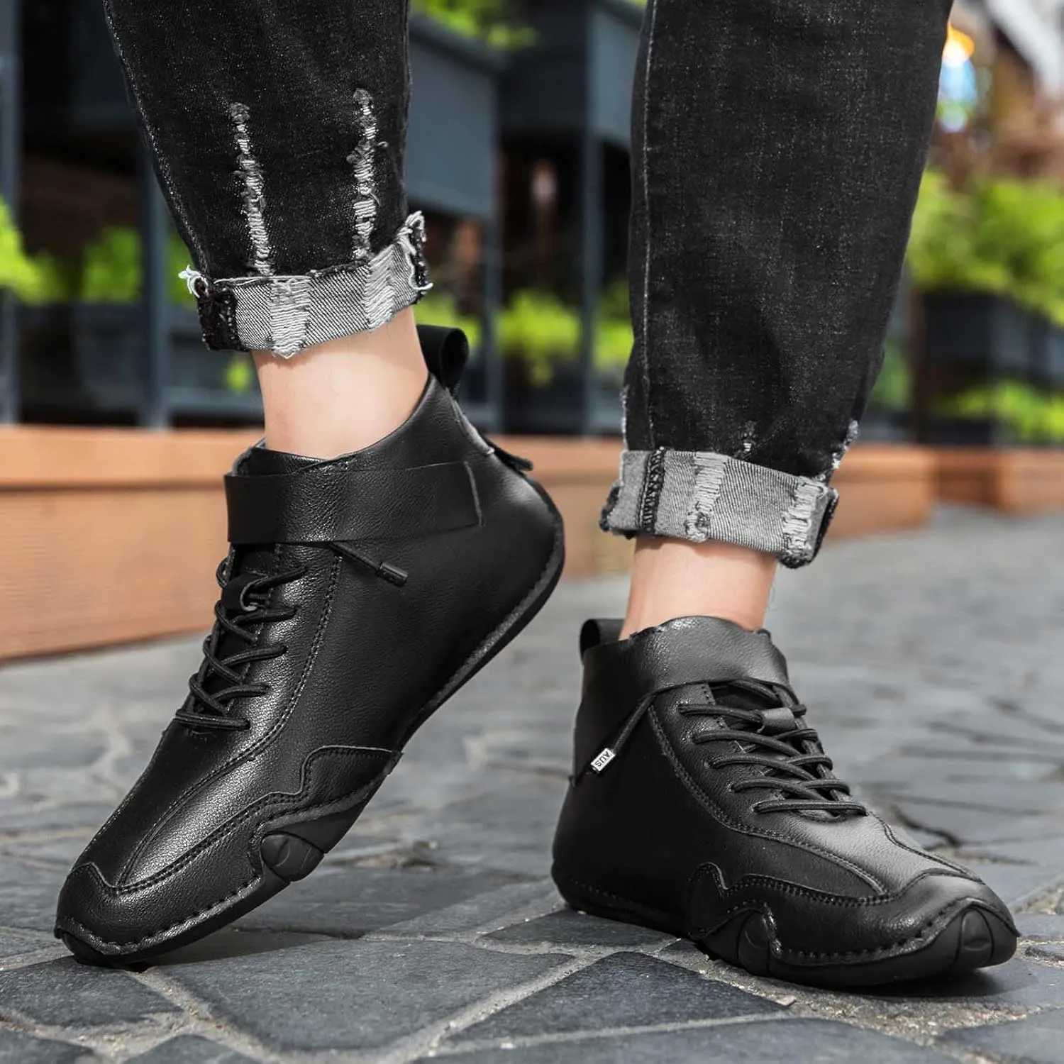 Men's Walking Shoes Trendy High Top Sneakers Hook and Loop Barefoot Shoes Soft Flat Soled Hiking Sneaker