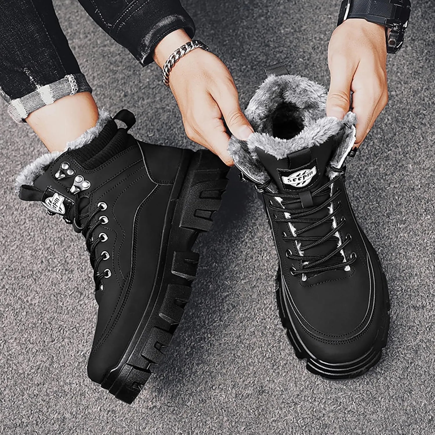 Mens Work Boots Composite Hiking Sneakers with Warm Fur Lining Womens Working Shoes Soft Toe Mid Waterproof Outdoor Botas Lightweight Hike Grounded Footwear