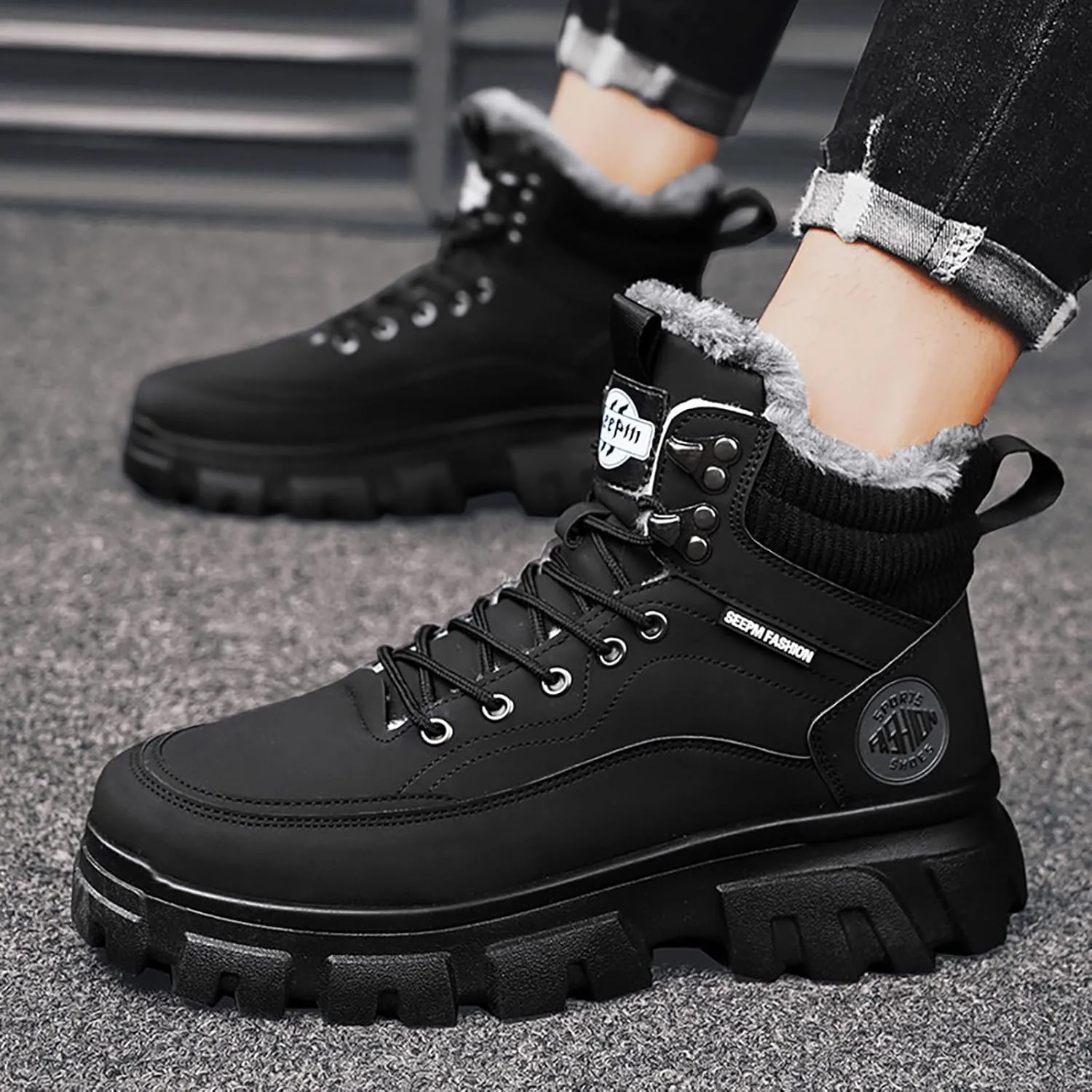 Mens Work Boots Composite Hiking Sneakers with Warm Fur Lining Womens Working Shoes Soft Toe Mid Waterproof Outdoor Botas Lightweight Hike Grounded Footwear