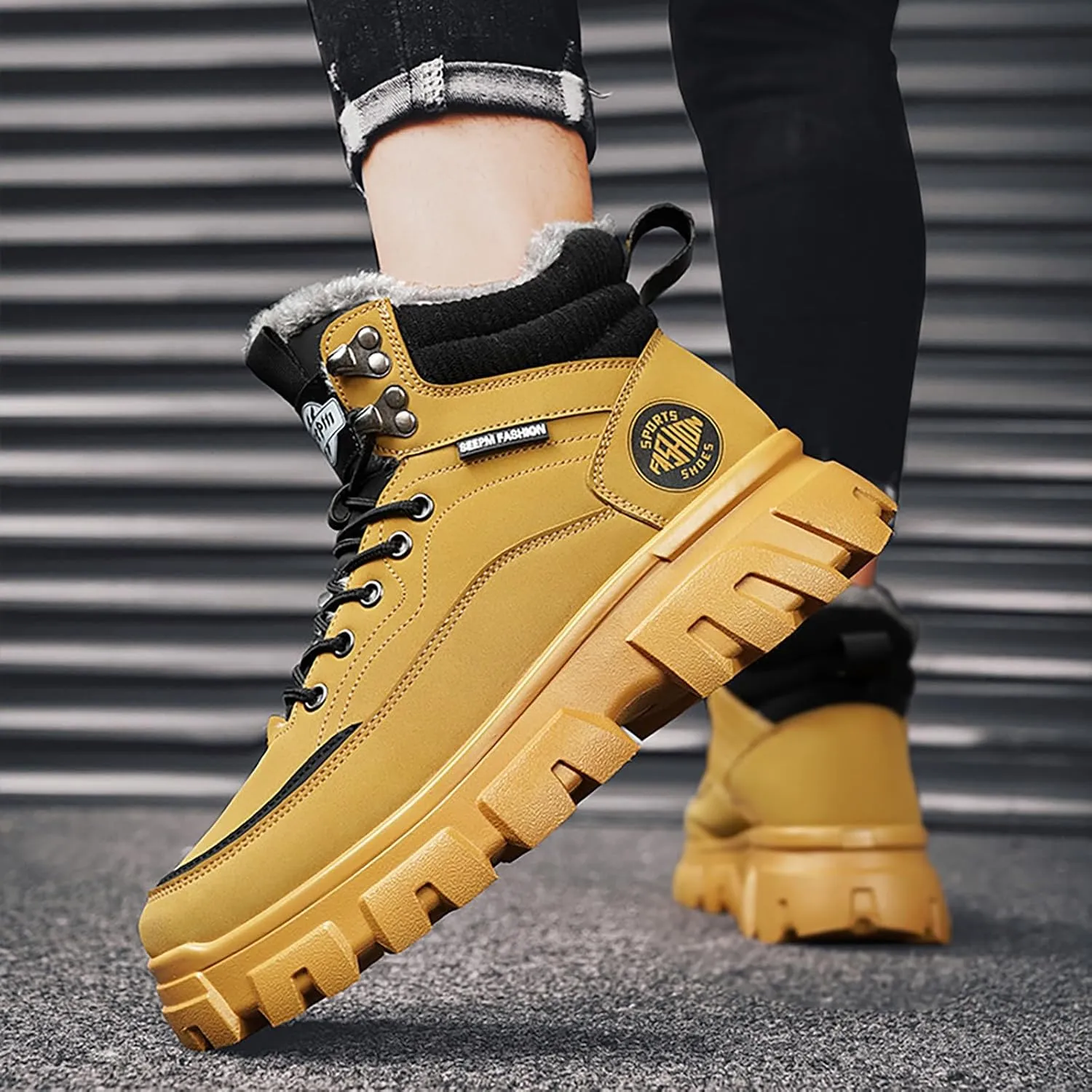 Mens Work Boots Composite Hiking Sneakers with Warm Fur Lining Womens Working Shoes Soft Toe Mid Waterproof Outdoor Botas Lightweight Hike Grounded Footwear