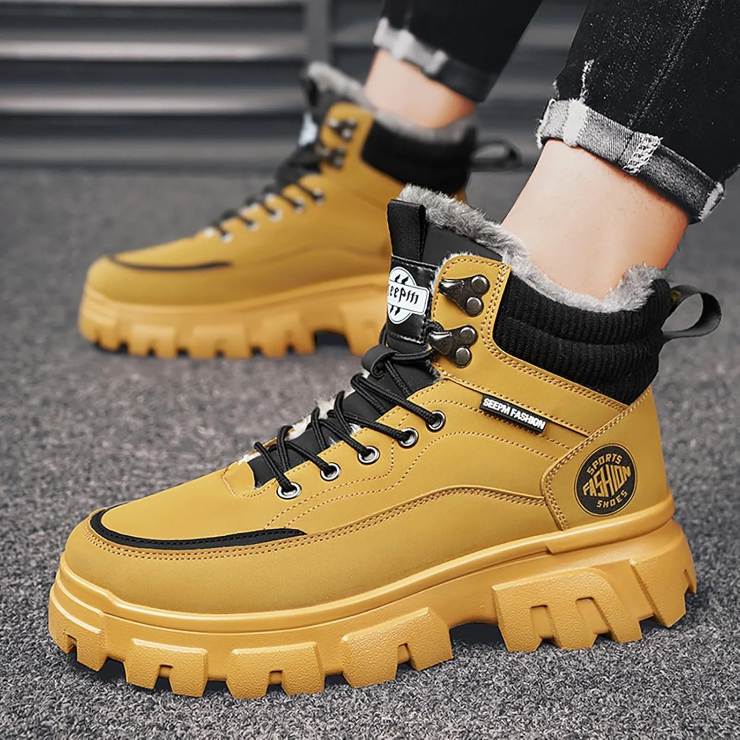 Mens Work Boots Composite Hiking Sneakers with Warm Fur Lining Womens Working Shoes Soft Toe Mid Waterproof Outdoor Botas Lightweight Hike Grounded Footwear