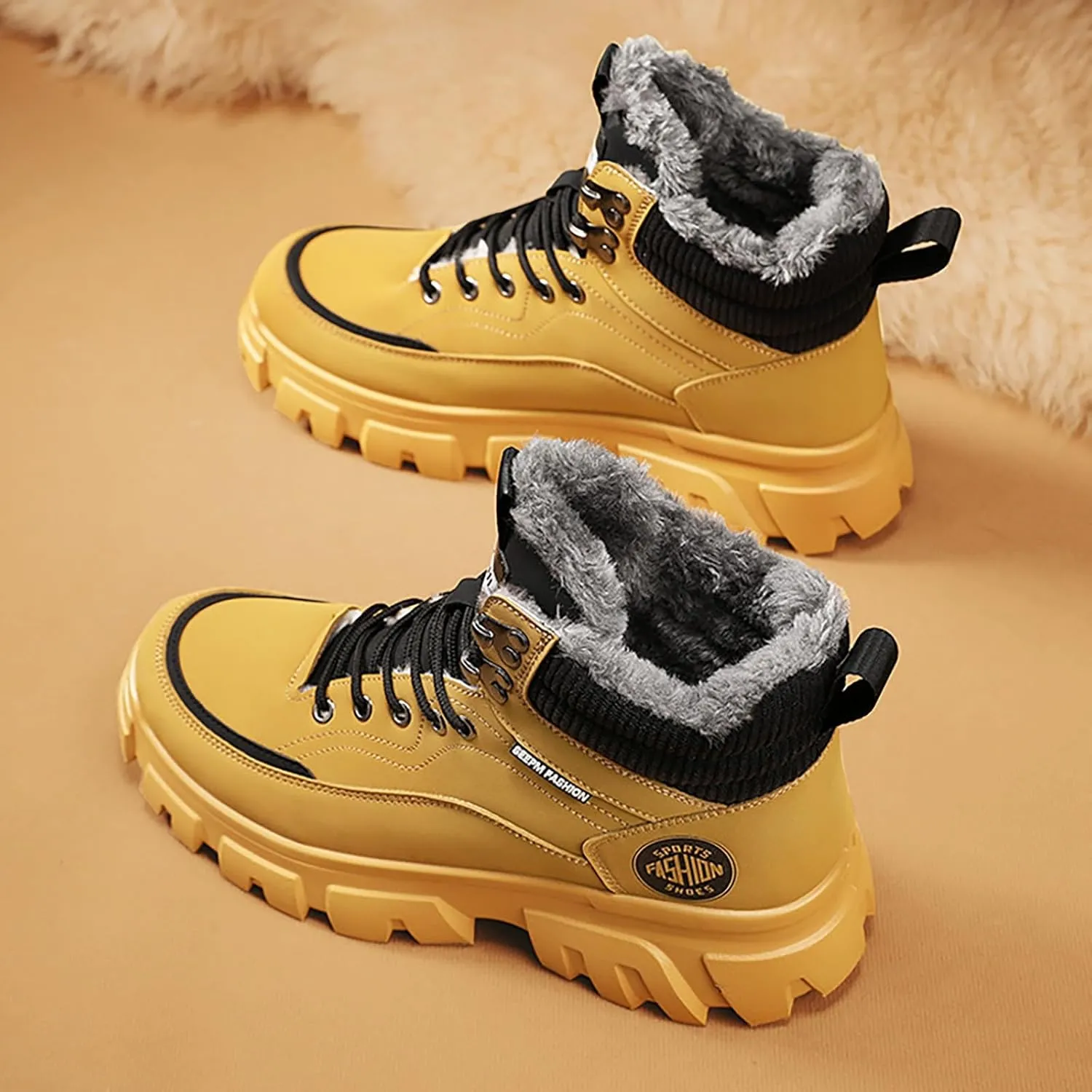 Mens Work Boots Composite Hiking Sneakers with Warm Fur Lining Womens Working Shoes Soft Toe Mid Waterproof Outdoor Botas Lightweight Hike Grounded Footwear
