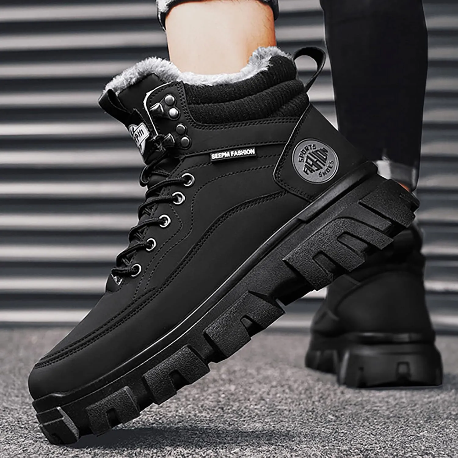 Mens Work Boots Composite Hiking Sneakers with Warm Fur Lining Womens Working Shoes Soft Toe Mid Waterproof Outdoor Botas Lightweight Hike Grounded Footwear