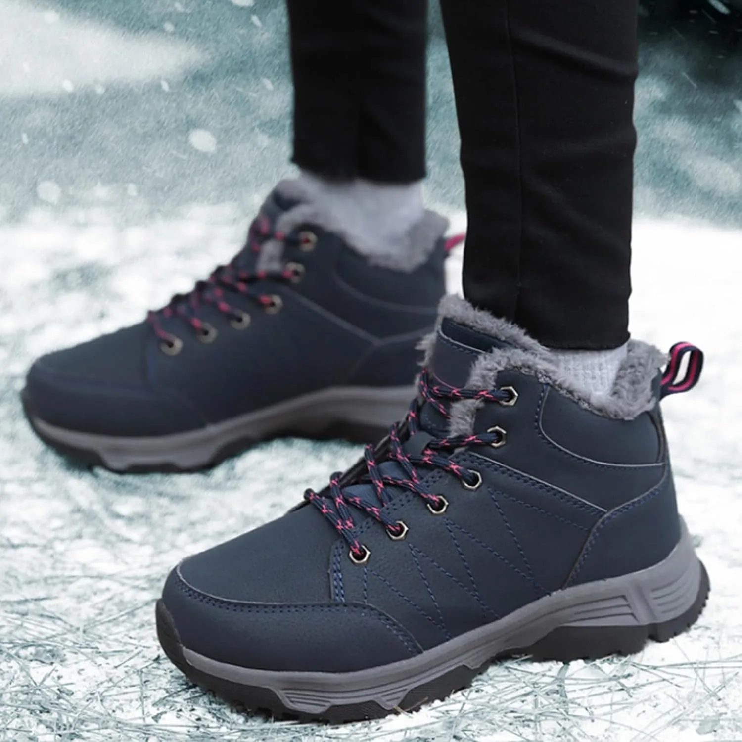 Men's Work Boots Composite Toe Hiking Sneakers with Warm Fur Lining Women's Workout Shoes Comfortable Waterproof Work Shoes Non-Slip Hike Grounded Footwear