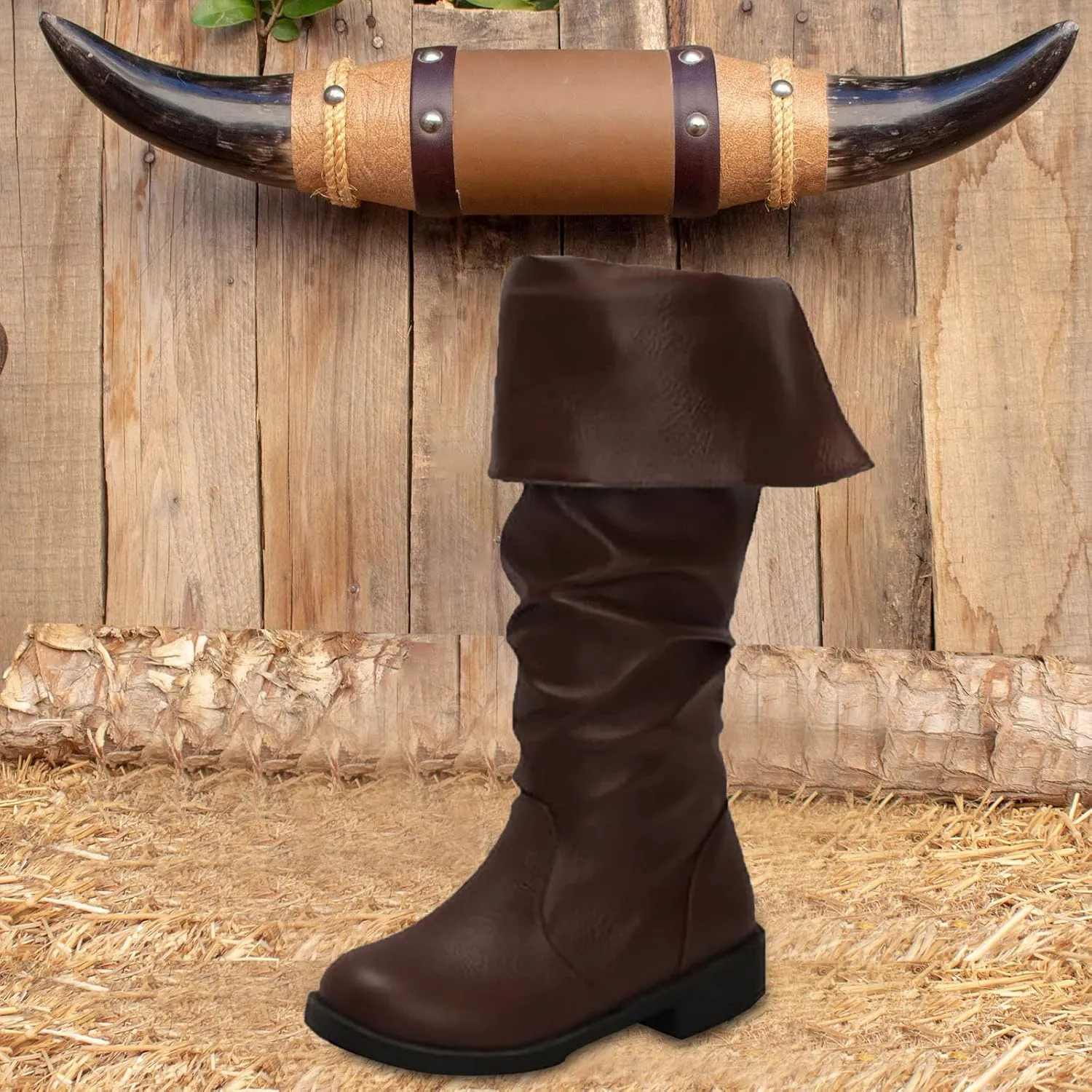 Mid CalfBoots for Women Low Heel,Stylish Flanging Renaissance Shoes GothicFaux Leather Boots Pull On Pirate Boots