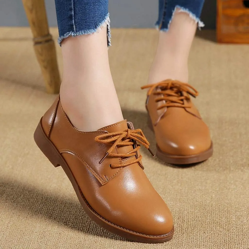 MIOKE Women's Casual Flat Saddle Oxford Shoes Lace Up Round Toe Low Heel Vintage School Oxfords Brogues