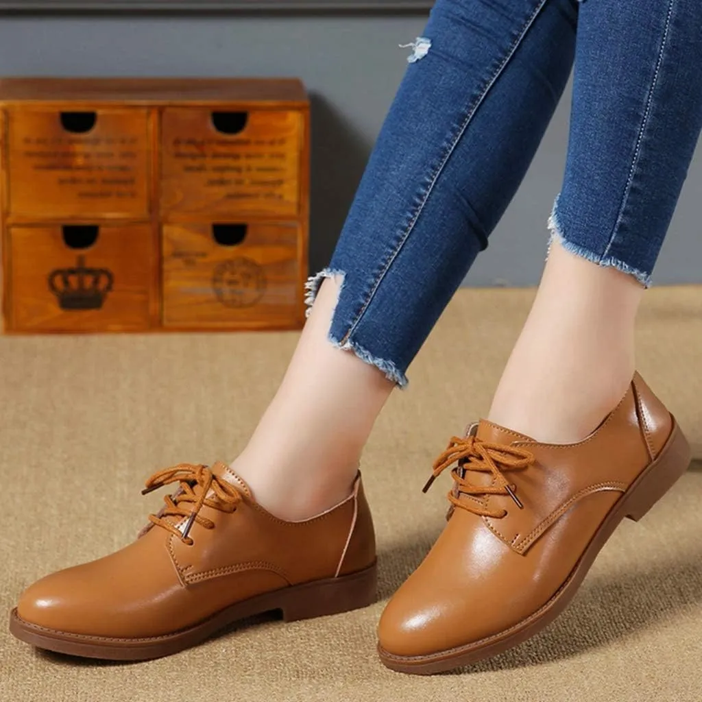 MIOKE Women's Casual Flat Saddle Oxford Shoes Lace Up Round Toe Low Heel Vintage School Oxfords Brogues