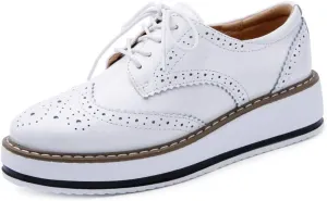 MIOKE Women's Casual Platform Oxford Shoes Wingtip Vintage Lace Up Chunky Mid Heel Dress Wedge Oxfords