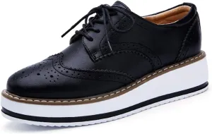 MIOKE Women's Casual Platform Oxford Shoes Wingtip Vintage Lace Up Chunky Mid Heel Dress Wedge Oxfords