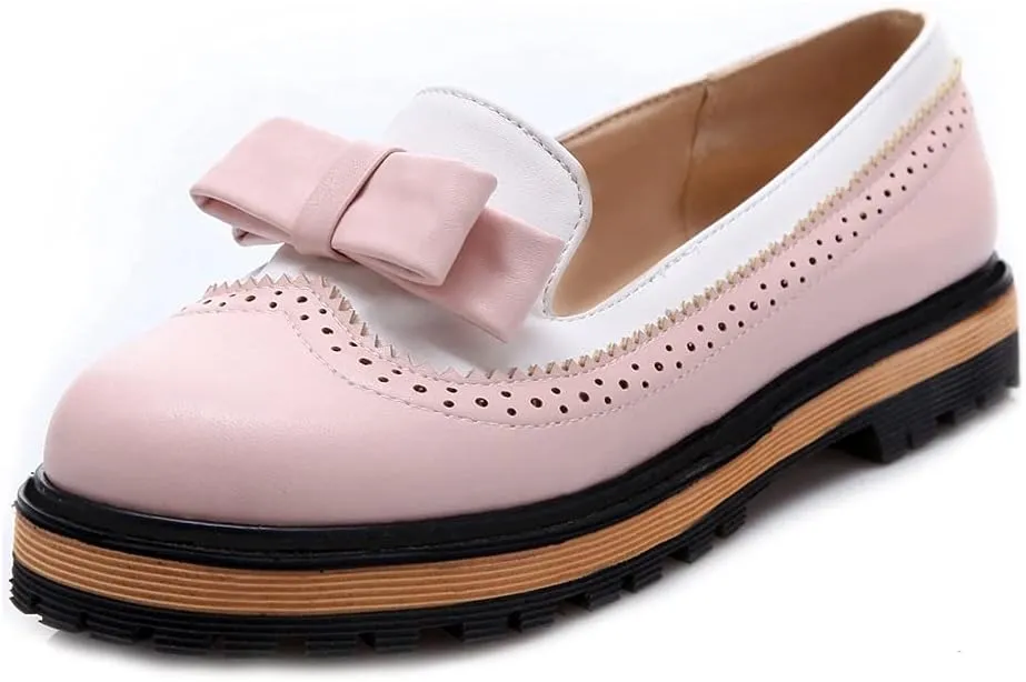 MIOKE Women's Flat Bow Slip On Oxford Shoes Two Tone Wingtip Perforated Low Heels School Oxfords Brogues