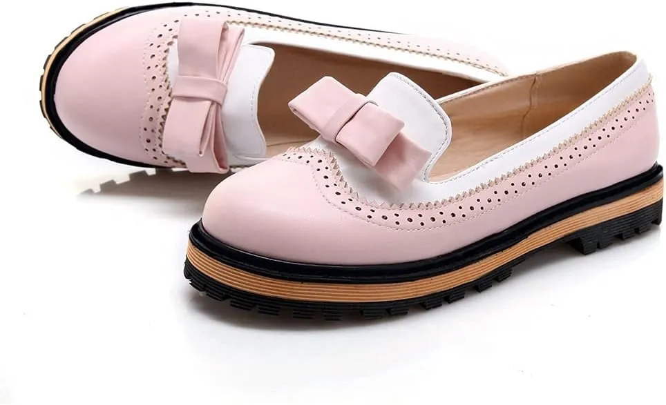 MIOKE Women's Flat Bow Slip On Oxford Shoes Two Tone Wingtip Perforated Low Heels School Oxfords Brogues