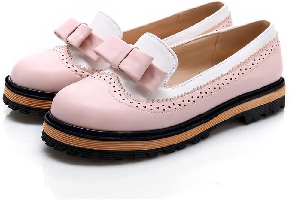 MIOKE Women's Flat Bow Slip On Oxford Shoes Two Tone Wingtip Perforated Low Heels School Oxfords Brogues