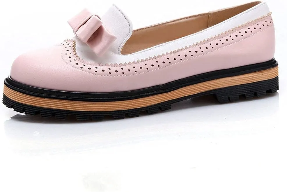 MIOKE Women's Flat Bow Slip On Oxford Shoes Two Tone Wingtip Perforated Low Heels School Oxfords Brogues