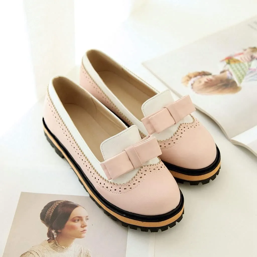 MIOKE Women's Flat Bow Slip On Oxford Shoes Two Tone Wingtip Perforated Low Heels School Oxfords Brogues