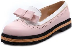 MIOKE Women's Flat Bow Slip On Oxford Shoes Two Tone Wingtip Perforated Low Heels School Oxfords Brogues