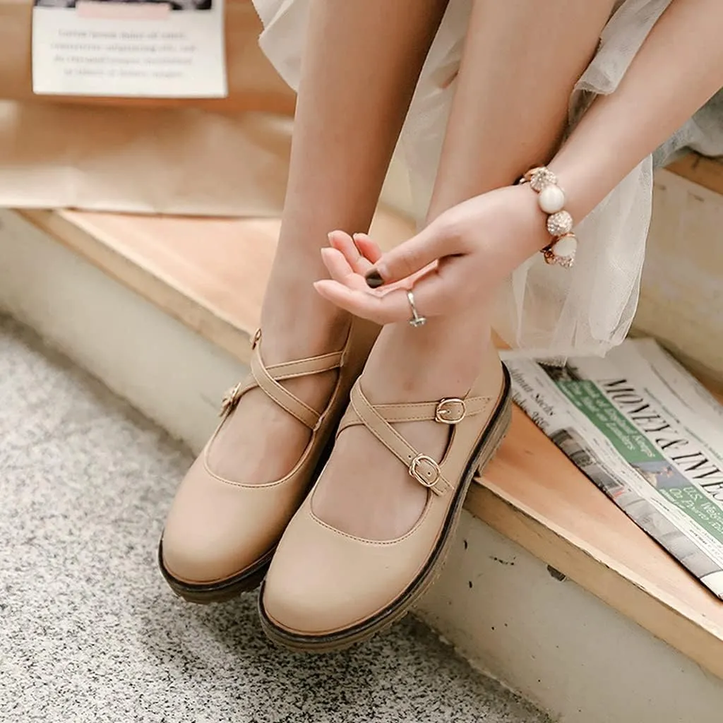 MIOKE Women's Retro Mary Jane Oxford Pumps Round Toe Buckle Cross Strap Comfy Chunky Low Heel Dress Shoes