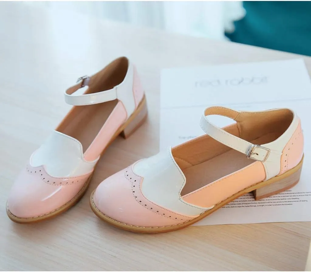 MIOKE Women's Two Tone Flat Mary Jane Oxford Shoes Wingtip Buckle Low Heel Vintage Saddle Oxfords Brogues