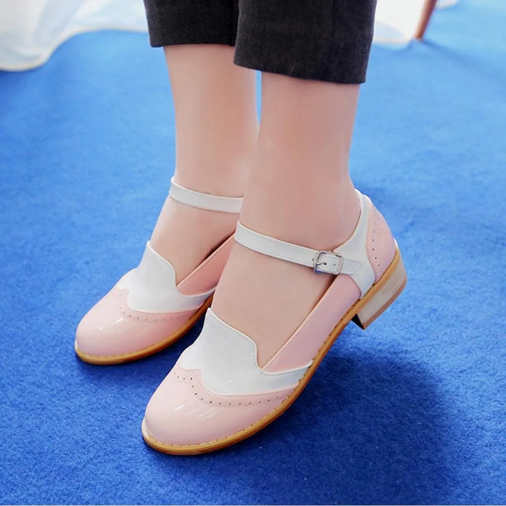 MIOKE Women's Two Tone Flat Mary Jane Oxford Shoes Wingtip Buckle Low Heel Vintage Saddle Oxfords Brogues
