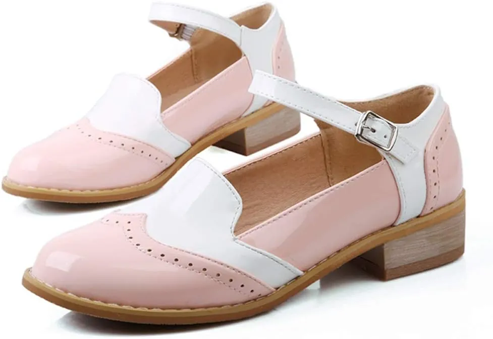 MIOKE Women's Two Tone Flat Mary Jane Oxford Shoes Wingtip Buckle Low Heel Vintage Saddle Oxfords Brogues